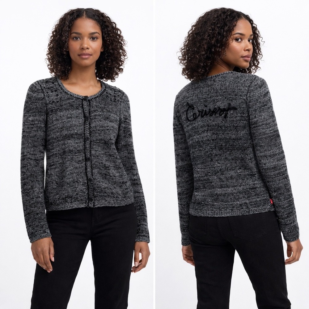 Le Temps des Cerises Cardigan M Black Metallic Knit‎ Back Detail Preppy Parisian